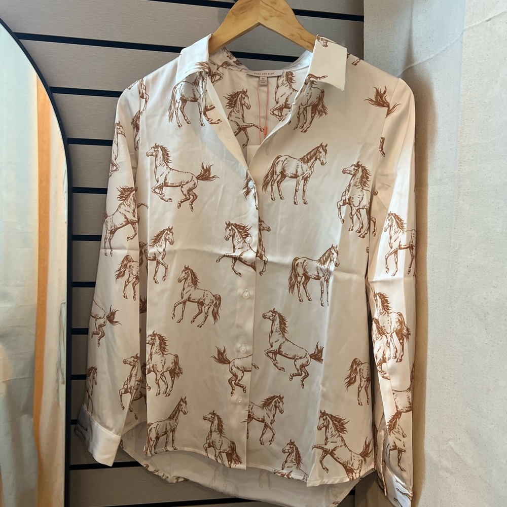 Skies Are Blue White and Brown Horse Print Button Down Shirt
